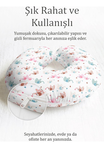 Renkli Fil Desenli Pamuklu Boyun Yastığı - Sevimli Figürlü Pembe Mavi Kahverengi Seyahat Yastığı Canlı Gün Batımı Açık Bej