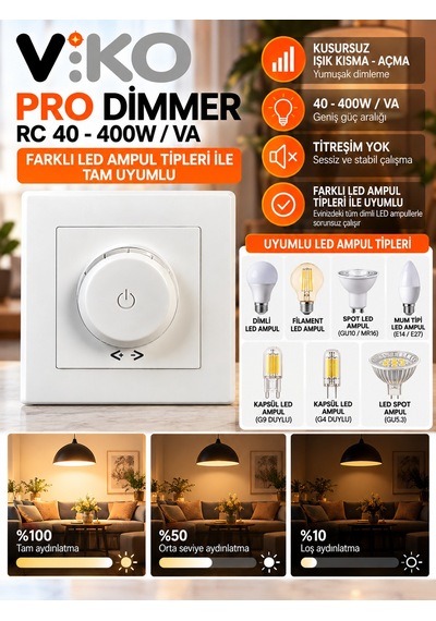 Led Ampule Uyumlu Pro Dimmer Titreme Yapmaz Beyaz Çerçeve Dahil Viko