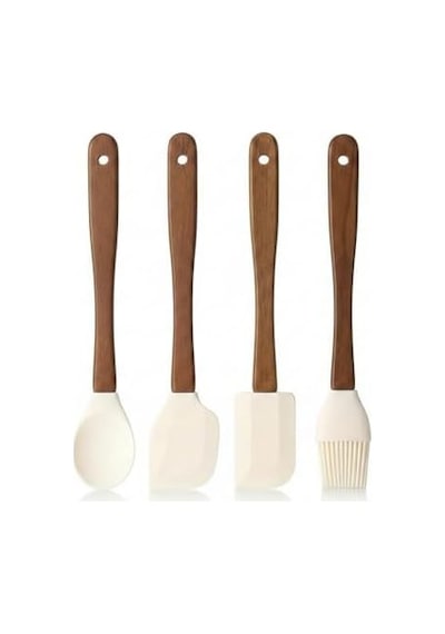 4&apos Lü Mini Akasya Ahşap Saplı Silikon Spatula Seti - 21 Cm Kavanoz Sıyırma, Pasta Süsleme Ve Yumurta Fırçası - Yanmaz Yapışmaz Krem Mutfak Seti 0