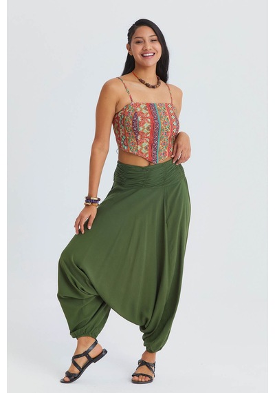 Drape Detay Beli Lastikli Şalvar Pantolon Açık Haki