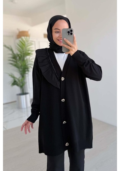 Ka Hijab Omzu Fırfır Merserize Hırka - Siyah Siyah