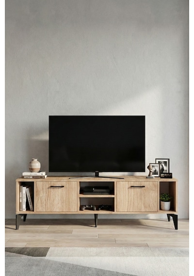 Tv Sehpası 160 Cm Modern Çok Amaçlı Dolaplı Raflı Televizyon Ünitesi Linya Sepet Rengi