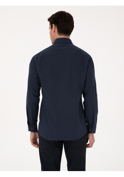 Cacharel Lacivert Slim Fit %100 Pamuk Yakası Düğmeli Flanel Gömlek