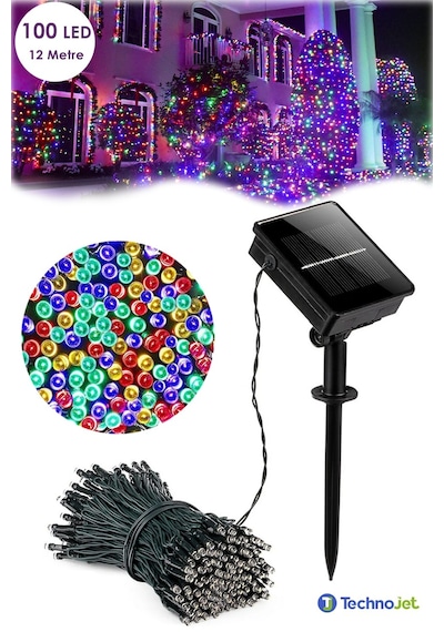 Technojet 100 Ledli 12 Metre Solar Şerit Bahçe Dekorasyon Aydınlatma Led Renkli Işık Güneş Enerjili RGB