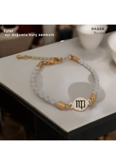 14 Ayar Altın Plakalı Oval Motifli Hakiki Derili Bayanlara Eylül Ayına Özel Bileklik-314ay-beyaz Altın