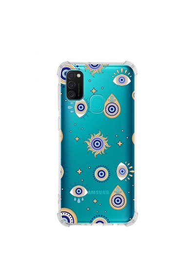 Prinrify Samsung Galaxy M30s Uyumlu Nazar Boncuğu 5 Baskılı Şeffaf Köşe Korumalı Antişok Kılıf