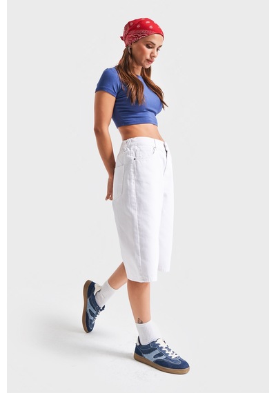 Itsbasic Kadın Beyaz Renk 5s5-2 Maxi Boy Beli Lastikli %100 Koton İç Göstermez Denim Bermuda Şort