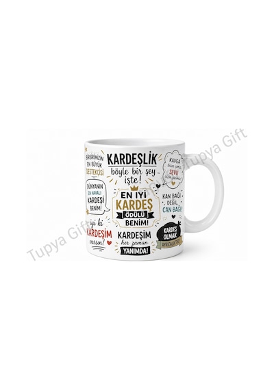 Kardeşe Hediye Komik Yazılı Kişiye Özel Baskılı Kupa Bardak Porselen Mug Beyaz