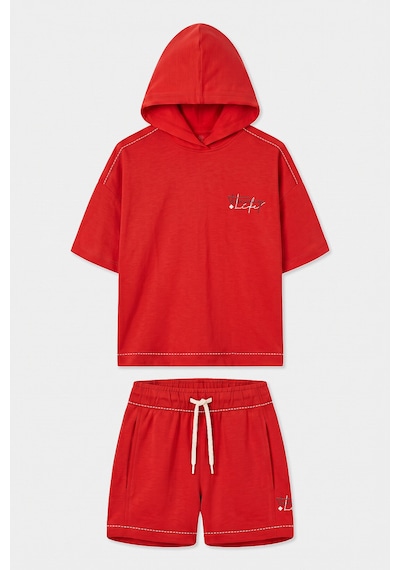 TOMMYLIFE Fiesta Kapüşonlu Dikiş Detaylı Kız Çocuk Şort Takım - 75185 Kırmızı