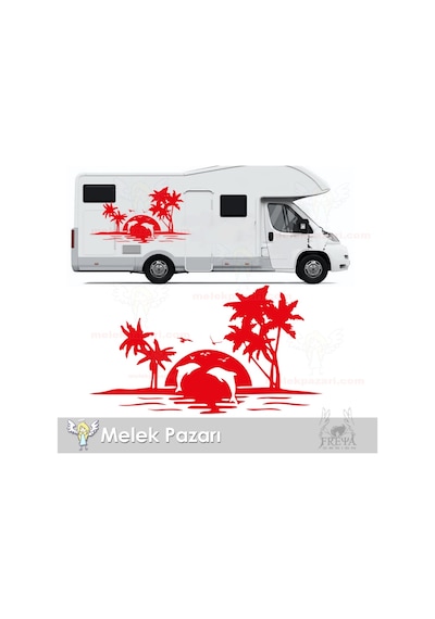 Yunuslar Ve Palmiye Kamp Karavan Sticker, Karavan Çıkartma