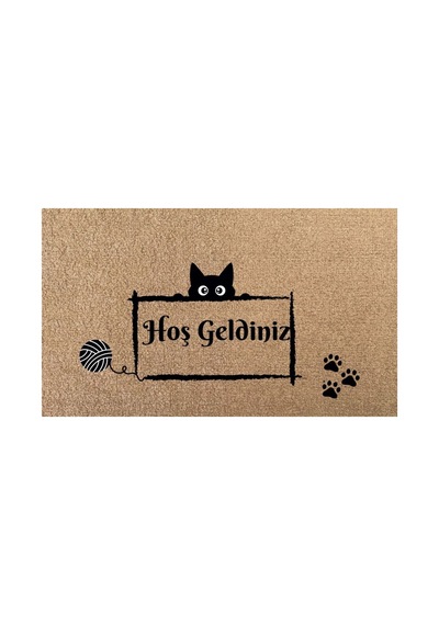Eldione Kaymaz Tabanlı Baskılı Şık Kapı Önü Paspası 45x70 Cm Coco Hasır Görünümlü Velür Kedi Desenli Paspas Bej