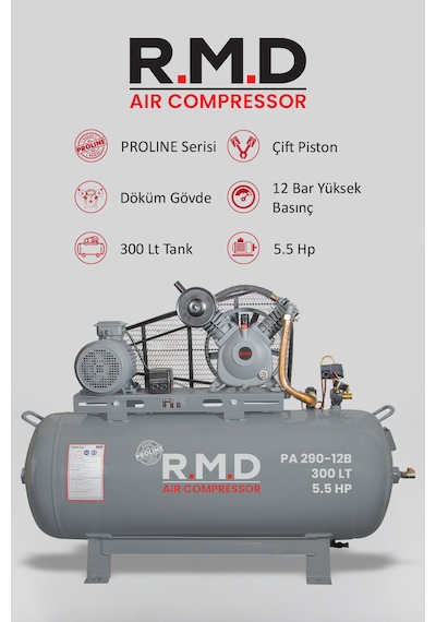 Pistonlu Hava Kompresörü 300 Lt 2 Kafa 12 Bar 5.5 Hp I Paı290ı12b