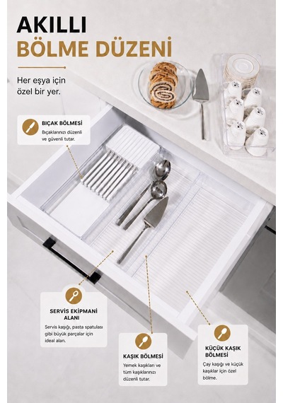 Çekmece İçi Bıçaklık Organizer Bölmeli Mutfak Düzenleyici Beyaz S-11029