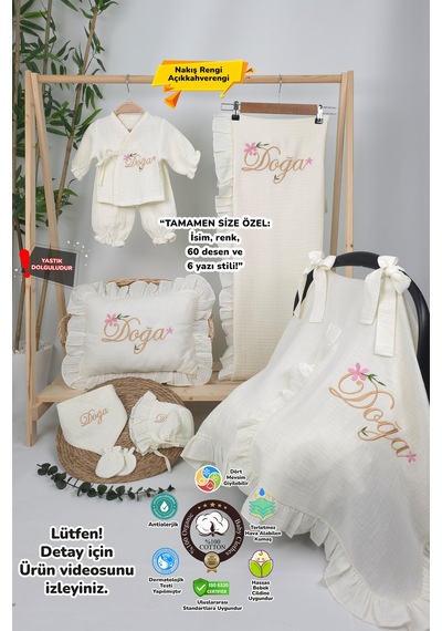 Gros Shop Müslin Yeni Doğan 4katlı Organik %100pamuk Kişiye Özgü Nakışlı Hastane Çıkış Seti Çiçekli Model-1 Ekru