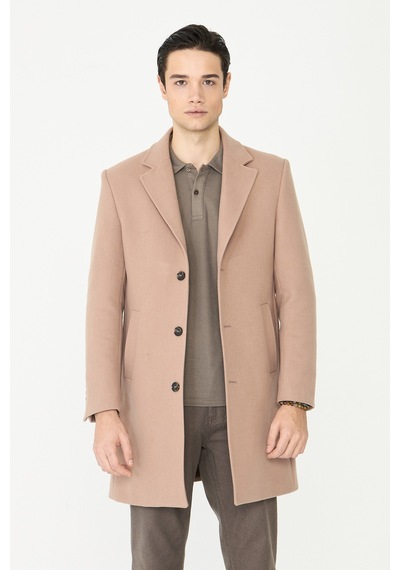 Bej Astarlı İç Cepli Kaşe Kaban Regular Fit Camel
