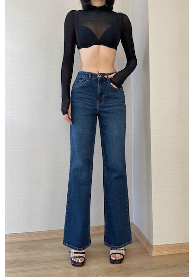 Koyu Mavi Kadın Wide Leg Jean Yüksek Bel Likralı Esnek Kot Pantolon Jessica-kymavi 001
