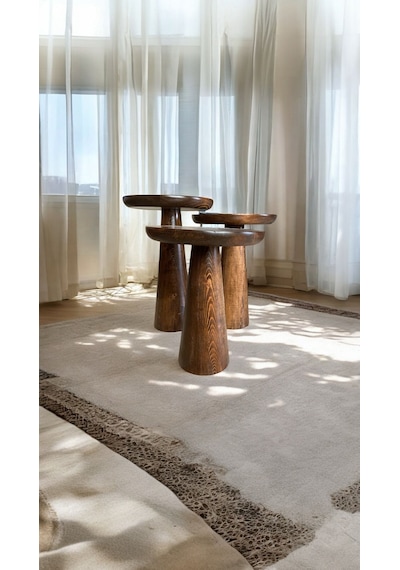 Wood Ahşap 3 Lü Set Fitilli Mantar Yan Sehpa Konik / Ceviz Renk