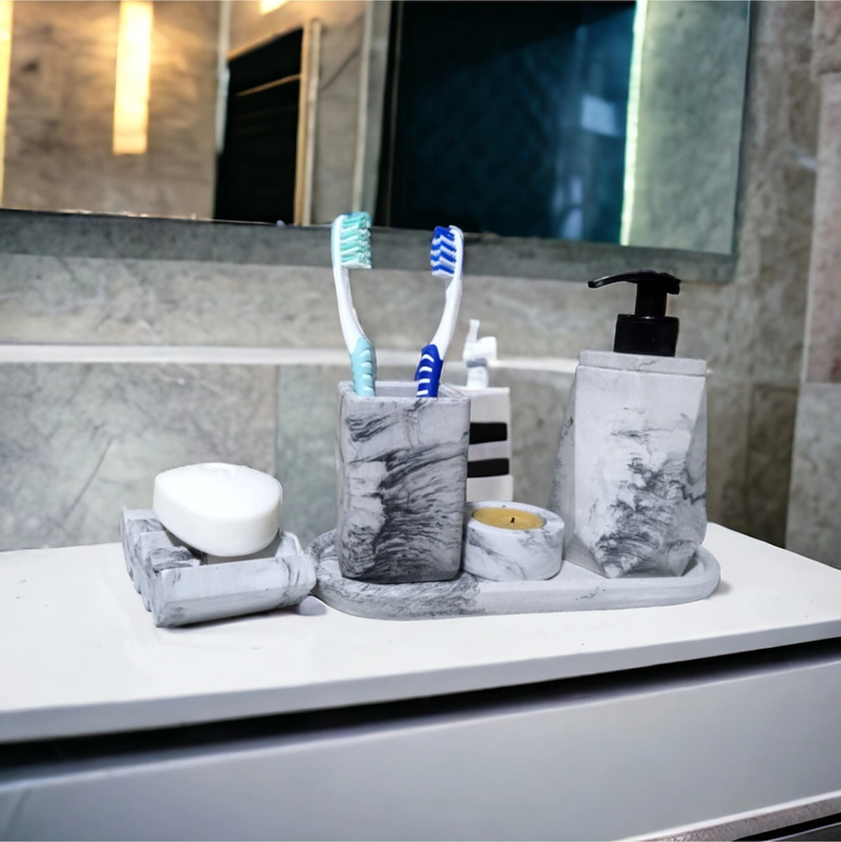 5'li Mermer Desenli Banyo Seti, Sıvı Sabunluk Diş Fırçalığı Beton Antrasit Set. Gri