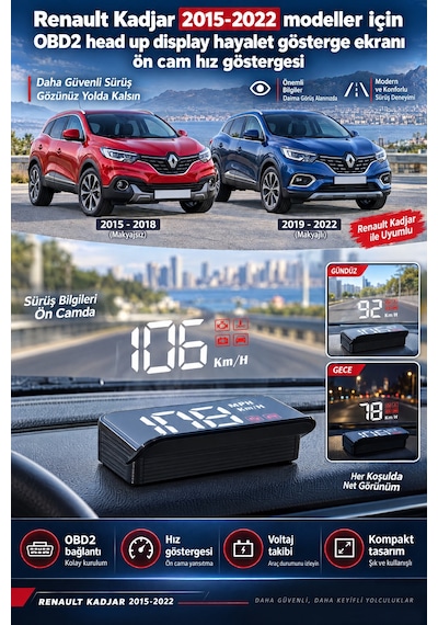 Renault Kadjar 2015-2022 Modeller İçin Obd2 Head Up Display Hayalet Gösterge Ekranı Ön Cam Hız Göstergesi