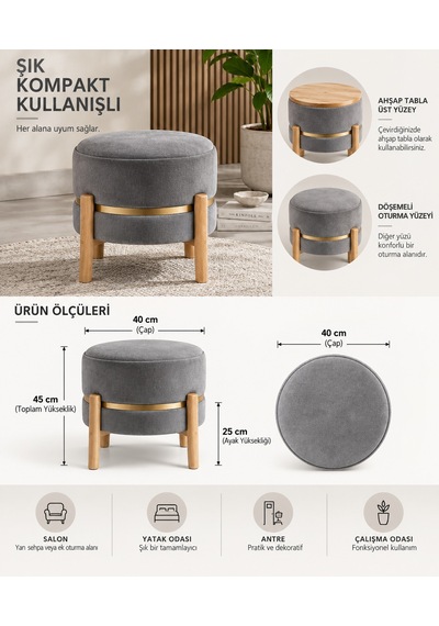Çok Amaçlı Kompakt Çift Yönlü Ergonomik Puf Ve Sehpa İkisi Bir Arada Gürgen Ayaklı Sehpa Puf Açık Gri