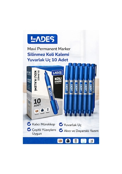 Lades Mavi Permanent Marker Silinmez Koli Kalemi Yuvarlak Uç 10 Adet Çok Renkli