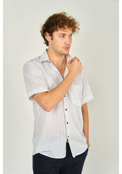 Mugi Erkek Kısa Kollu Çizgili Tek Cep %100 Pamuk Gömlek 2000 Mavi Mavi