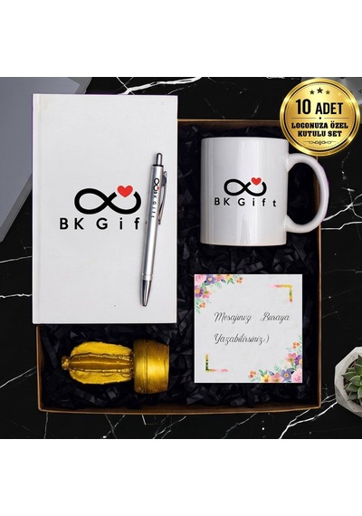 Bk Kurumsal Logonuza Özel 10 Kutu Kişiye Özel Hediye Seti Kupa, Defter, Kalem Ve Biblo Seti