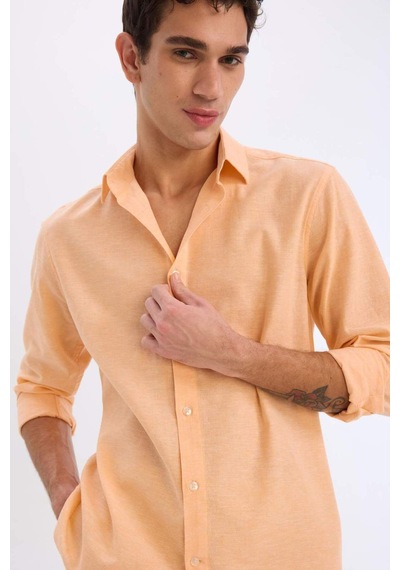Defacto Regular Fit Polo Yaka Keten Karışımlı Yazlık Uzun Kollu Gömlek E0555ax25smog301 Turuncu