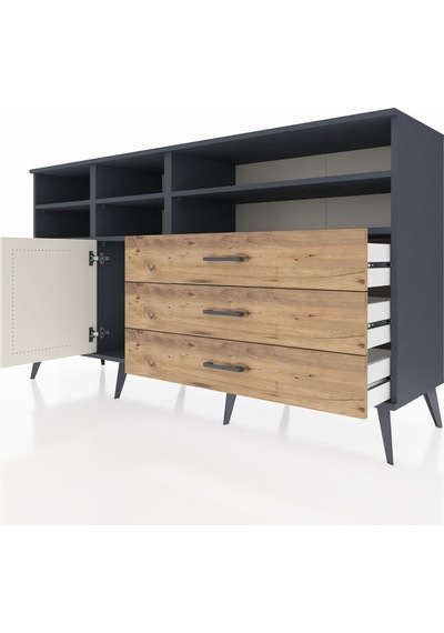 Kronos Konsol 8 Raflı 3 Çekmeceli Tek Kapaklı 176x59x99 Antrasit Antrasit-aytaşı/çam