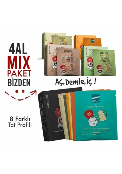 Schiller Aç Demle Tek Kullanımlık Filtre Kahve 4 x 10'lu + Tek Kullanımlık Mix Filtre Kahve 8'li