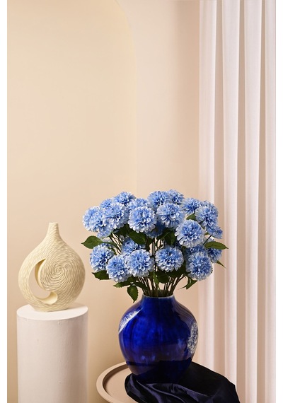 Mavi Yapay Dahlia Yıldız Çiçeği 3 Dallı Lüx İpeksi Dokulu 75 Cm