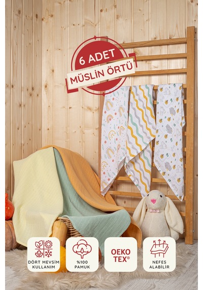 3 Desenli 3 Düz Renk Ile 6lı, Pamuk, Çok Amaçlı Müslin Çok Renkli