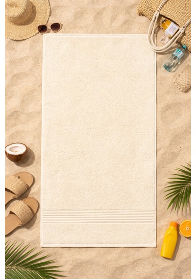Krem Plaj Havlusu %100 Pamuk Sertifikalı Deniz & Havuz Havlu 70x140cm Çizgili Bordürlü