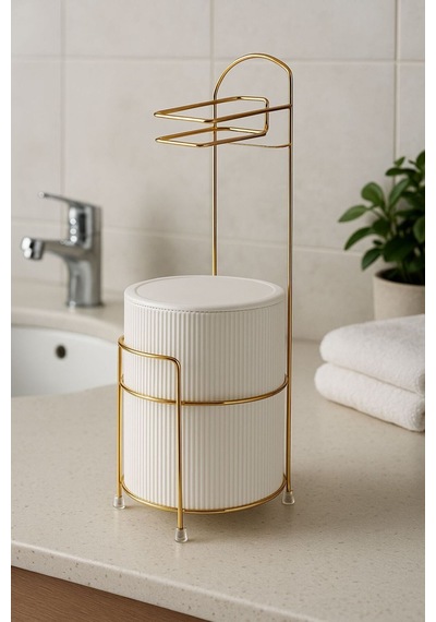 Lüx Gold Banyo Wc Tuvalet Kağıtlığı Çöp Kovası Takım Plastik Kova 6 Litre Paslanmaz Tel Beyaz