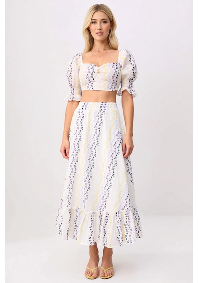 Benerly Kadın Çiçekli Desenli Brode Dokuma Crop Top Midi Etek Takımı Kalp Beyaz