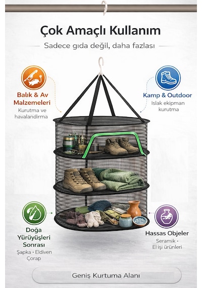 3 Katlı Fermuarlı Meyve Sebze Kurutma Filesi Katlanabilir Doğal Kurutma Sepeti Siyah