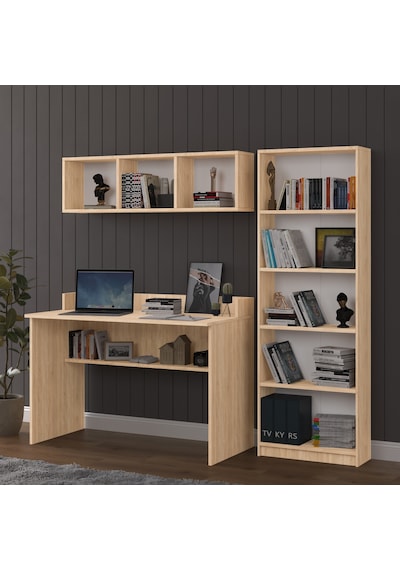 Asra Trend Çalışma Masası Seti ÇMT001 %100 MDF Kitaplıklı Raflı Ofis Takımı Sonoma