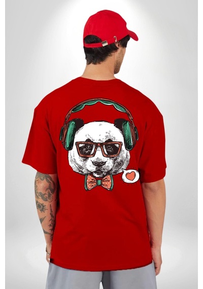 Kulaklıklı Hipster Portre Panda Kırmızı Oversize Unisex Ön Ve Sırt Baskılı Tişört Kırmızı