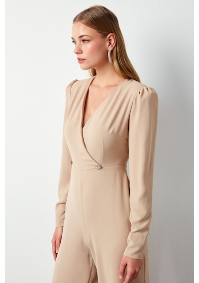 Sateen Kruvaze Süs Taşlı Krep Tulum - Bej
