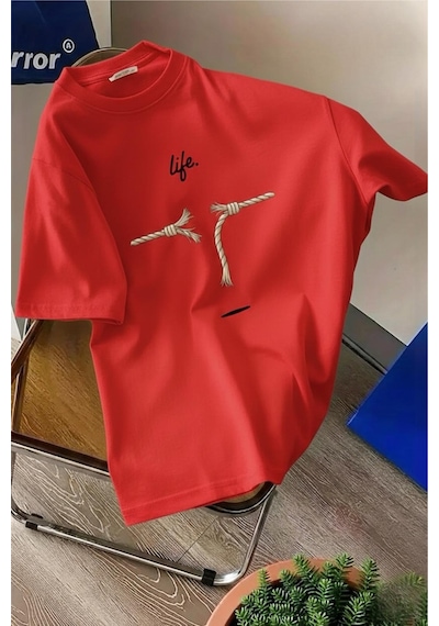 Life Design Minimalist İllüstrasyon Baskılı Unisex Oversize Tişört Kirmizi