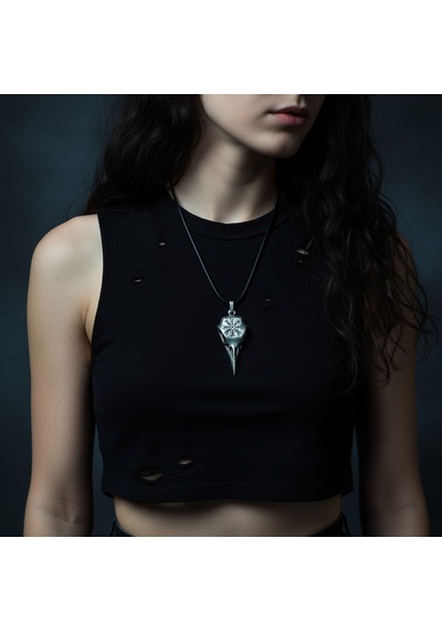 Koruma Kuzgun Kafatası - Vegvisir Gümüş Kaplama Deri İp Kolye Silver