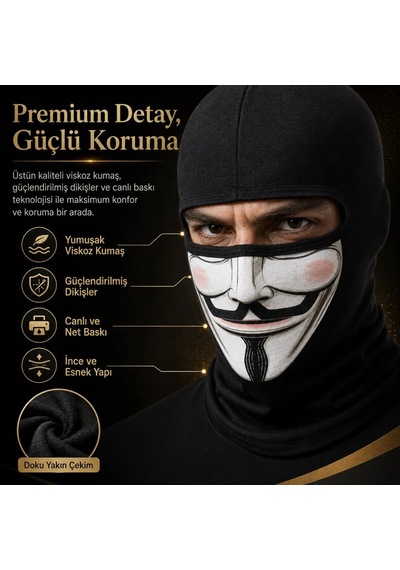 Womanandkids Wak Unisex Anonymous Baskılı Balaklava 1 Adet Tek Beden Viskoz Kask İçi Motosiklet Maskesi Siyah