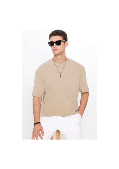 Tudors Unisex Oversize Geniş Kesim Pamuklu Yumuşak Dokulu Basic Bisiklet Yaka Bej Tişört-31579-bej Bej