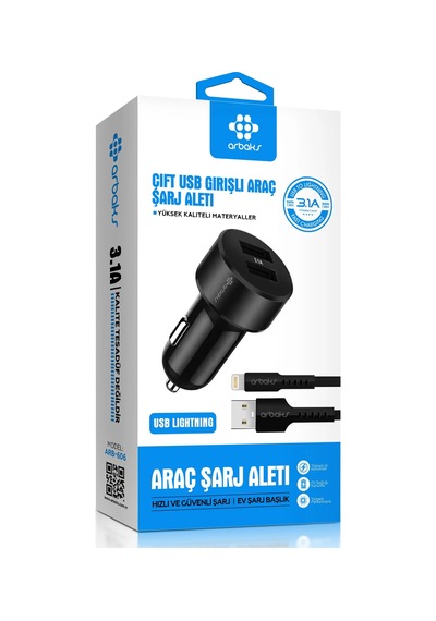 3.1a Çift Usb Girişli İphone Kablolu Araç Şarj Aleti Arbaks Arb-606 Stn