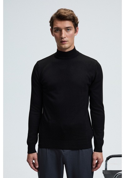 Grimelange REBEL Erkek Yarım Balıkçı Yaka Basic Slim Fit Triko Siyah Kazak