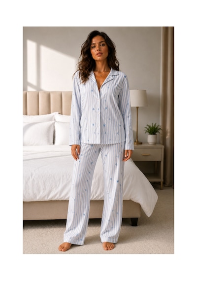 Fit Women Kadın Uzun Kol Pamuklu Mavi Pijama Takımı