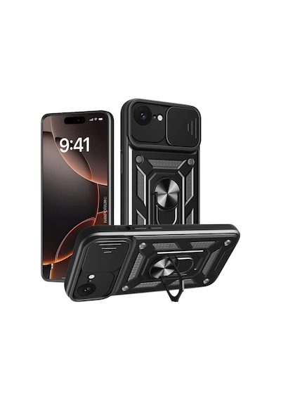 Apple Uyumlu iPhone 17e  Tank Kılıf - Yüzüklü Standlı Extra Koruma Zırhlı Outdoor Kapak - Siyah Siyah