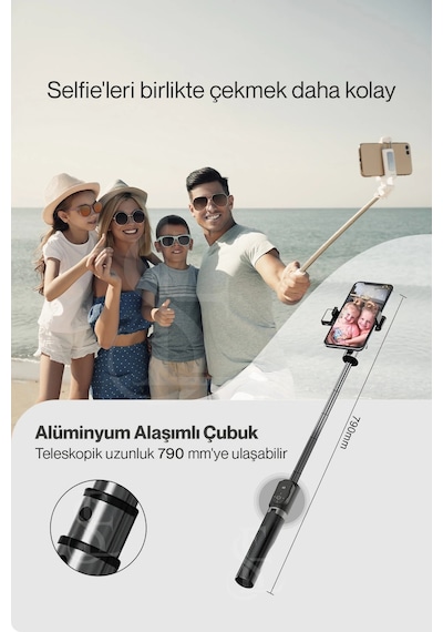 Led Işıklı Selfie Çubuğu Bluetooth Kumandalı Kablosuz Tripot Selfie Monopod Selfie Stick Pembe