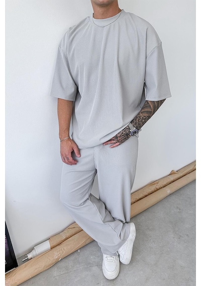 Gri İnce Fitilli Oversize Tişört Gri