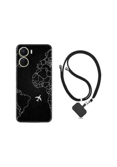 Vivo Y16 Kılıf İpli Boyun Askılı Desenli Silikon Black Plane 1868